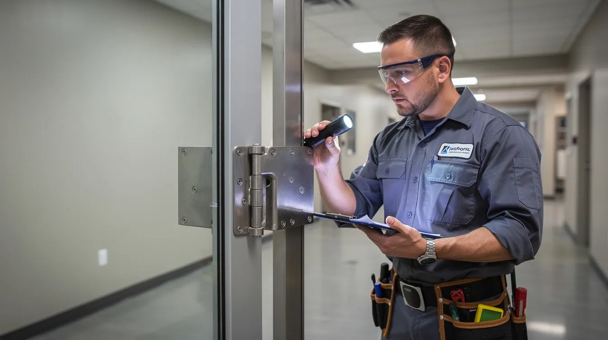 A technician inspecting a reinforced glass door frame and hinge hardware, ensuring that the safety glazing meets rigorous safety standards for maximum protection in high-risk environments.