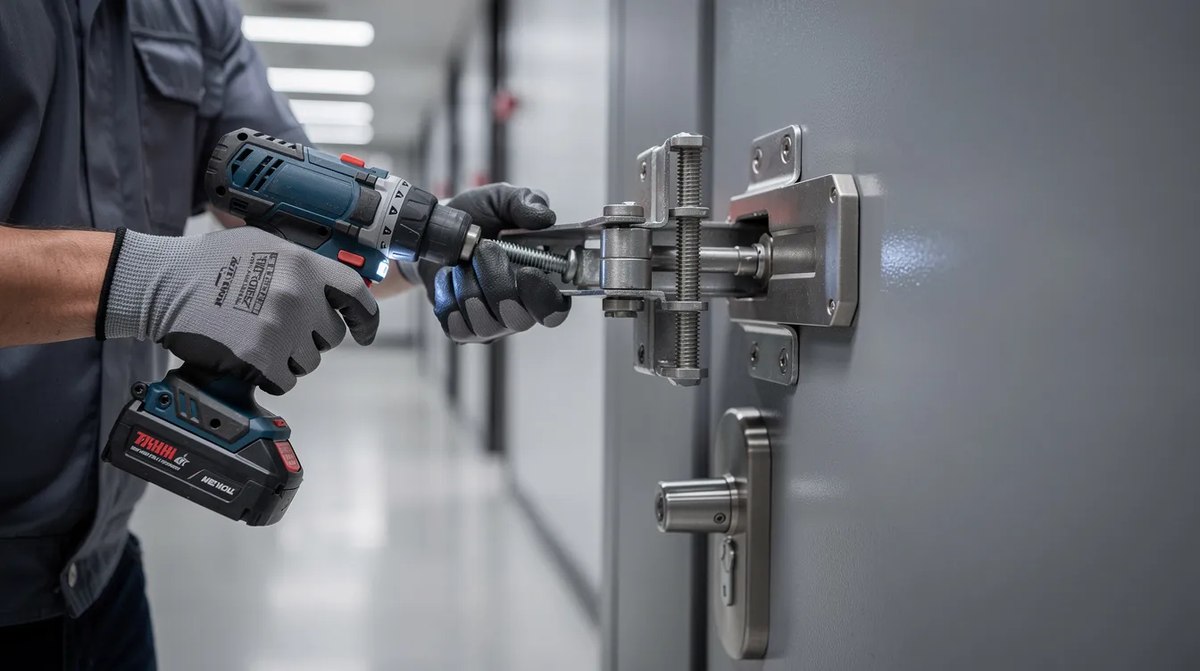 A technician installing heavy-duty door hardware on a commercial steel door, ensuring compliance with local building codes for enhanced security. This retrofit installation is part of a strategy to upgrade commercial doors, providing durable and reliable access control solutions for commercial properties.