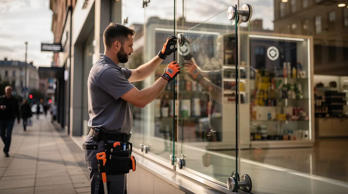 A technician installing a clear protective window panel on a storefront. The installation of this riot glass maintains an open and inviting look while providing maximum protection for the business's existing glass windows and doors.