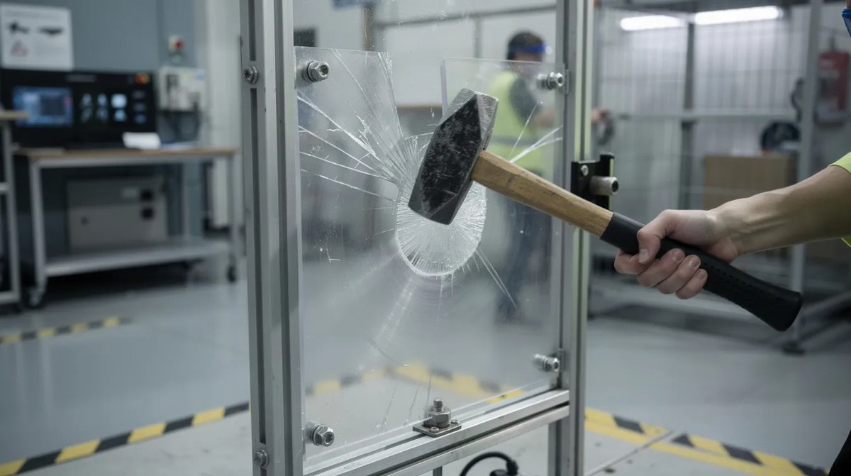 A clear polycarbonate security panel being impact-tested with a sledgehammer in a testing facility, demonstrating its strength and effectiveness against forced entry attempts.