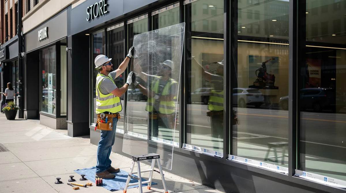 A worker installing a riot glass protection panel on a storefront window.